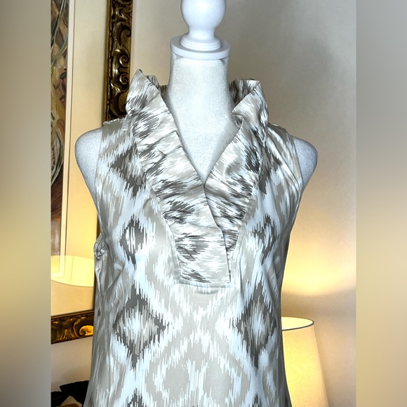 Gretchen Scott Khaki Jornki Kitt Ikat Sleeveless Ruff Neck Dress Medium - Picture 2 of 9